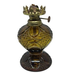 VTG 1950 Amber Glass Oil Lamp Base Rustic MCM Farmhouse Brass Hardware Elegant